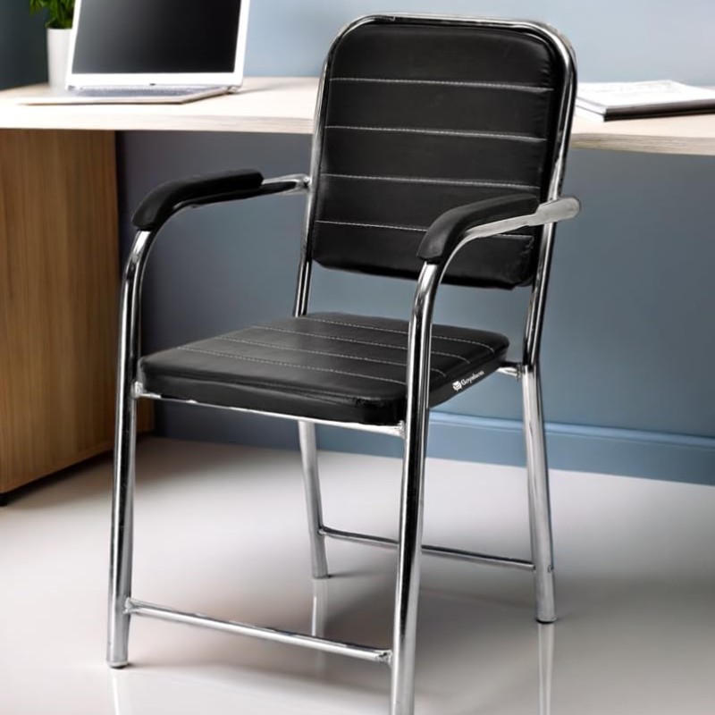 Goyalson Office Chair Visitor with arm Rest with Chrome Frame and Cushioned seat Back Chair Without Wheels Chair .