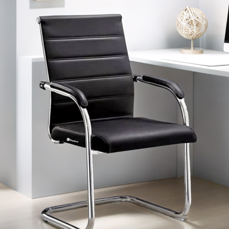 GOYALSON® Office Visitor Chair features a sturdy chrome frame, cushioned seat and back, and strong armrests, offering a stable, fixed seating option without wheels.