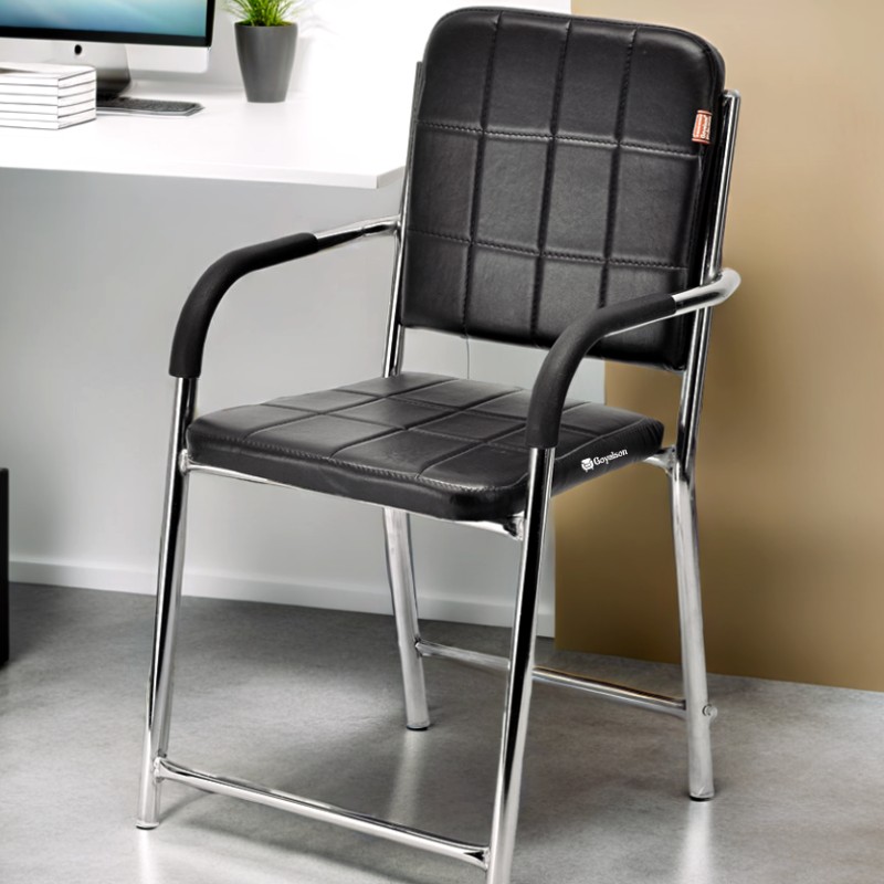 Goyalson office visitor chair designed with comfortable armrests, a durable Chrome frame, and a cushioned seat and backrest, featuring a stable fixed base without wheels.