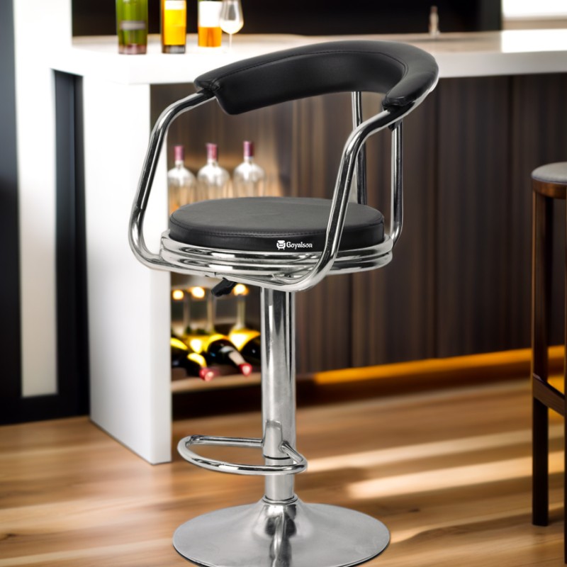 Goyalson Steel Classic Height Adjustable and Revolving Bar Stool Kitchen Chair, Sturdy Chrome Base, Anti-Scratch Ring, Leatherette Seat