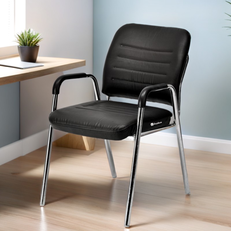 Goyalson office visitor chair features a sturdy chrome frame, comfortable cushioned seat and backrest, and supportive armrests, offering a reliable fixed seating solution without wheels.