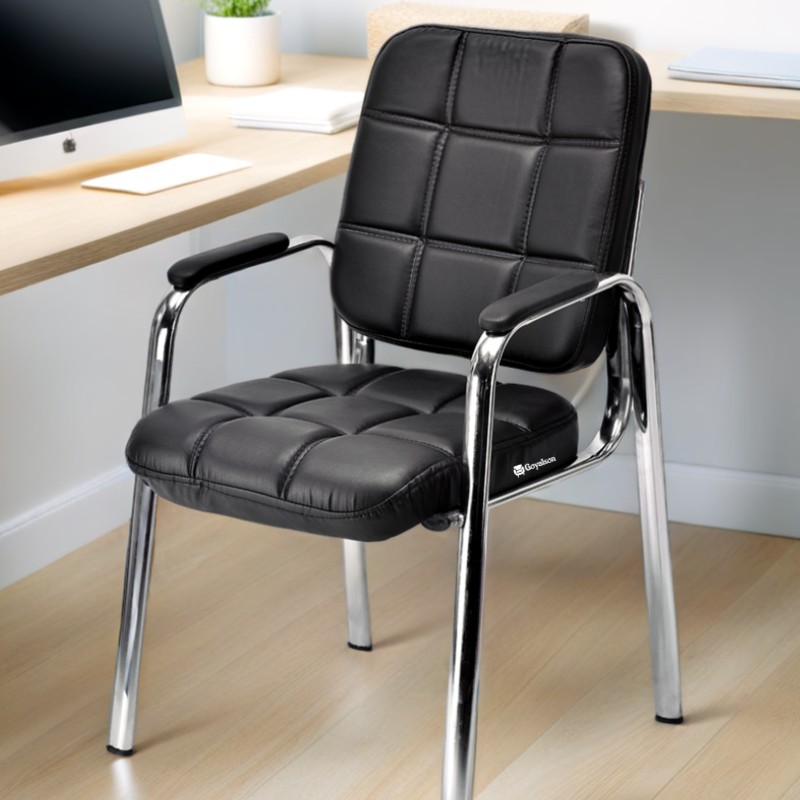 GOYALSON® Office Visitor Chair features a sturdy chrome frame, cushioned seat and back, and strong armrests, offering a stable, fixed seating option without wheels.
