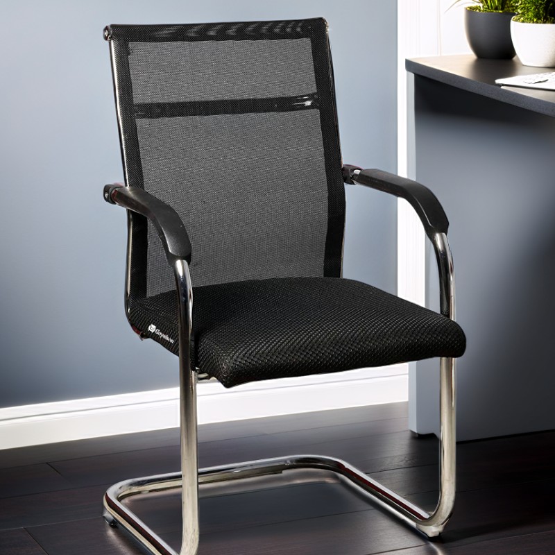 GOYALSON® visitor Mesh Back and Chrome Base Suitable for Reception Home Conference Room Study Computer Restaurant Chair Cushioned seat Heavy Duty Chair