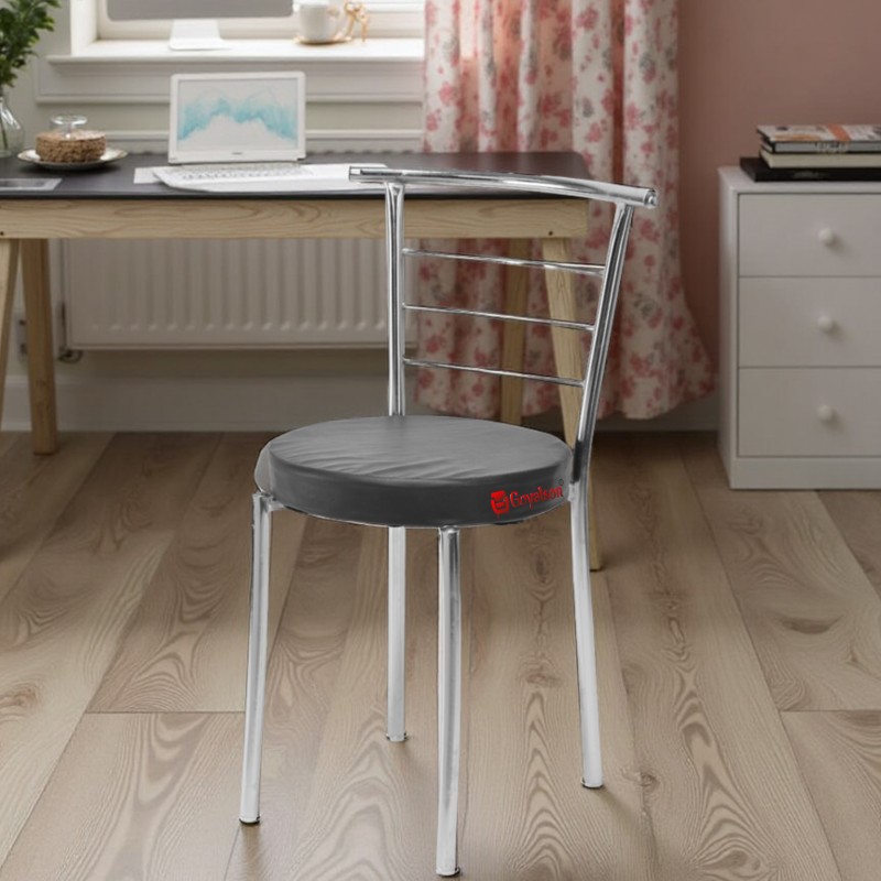 GOYALSON® Steel dining and office chair with ergonomic back support, featuring a chrome-finished chrome frame and a comfortable leather seat—perfect for home, study, computer use, and restaurant settings.