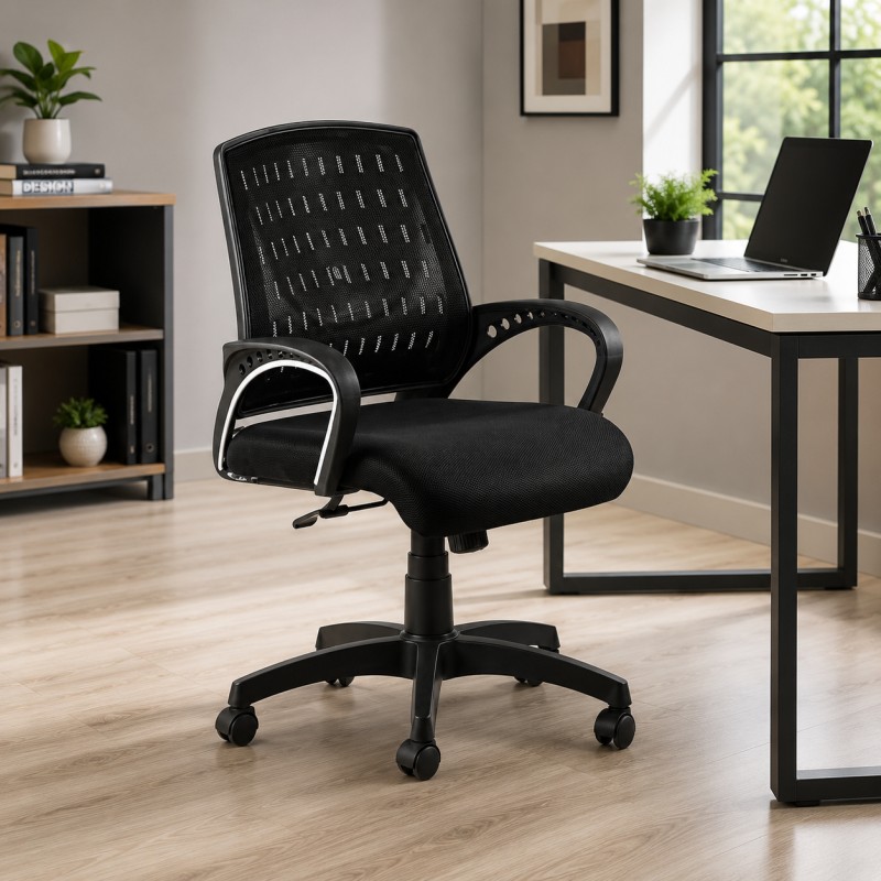 GOYALSON 898 Mesh-Back Ergonomic Revolving Office Chair, designed to combine comfortable seating, practical movement and a modern professional appearance. With its breathable mesh backrest, ergonomic design, revolving function, tilt mechanism and durable